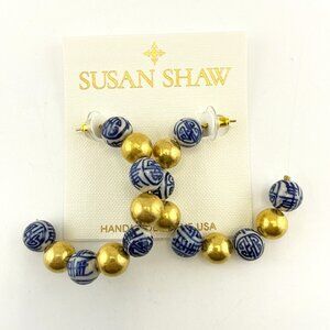 Susan Shaw Earrings Hoop Blue White Beaded USA Resort Porcelain Preppy